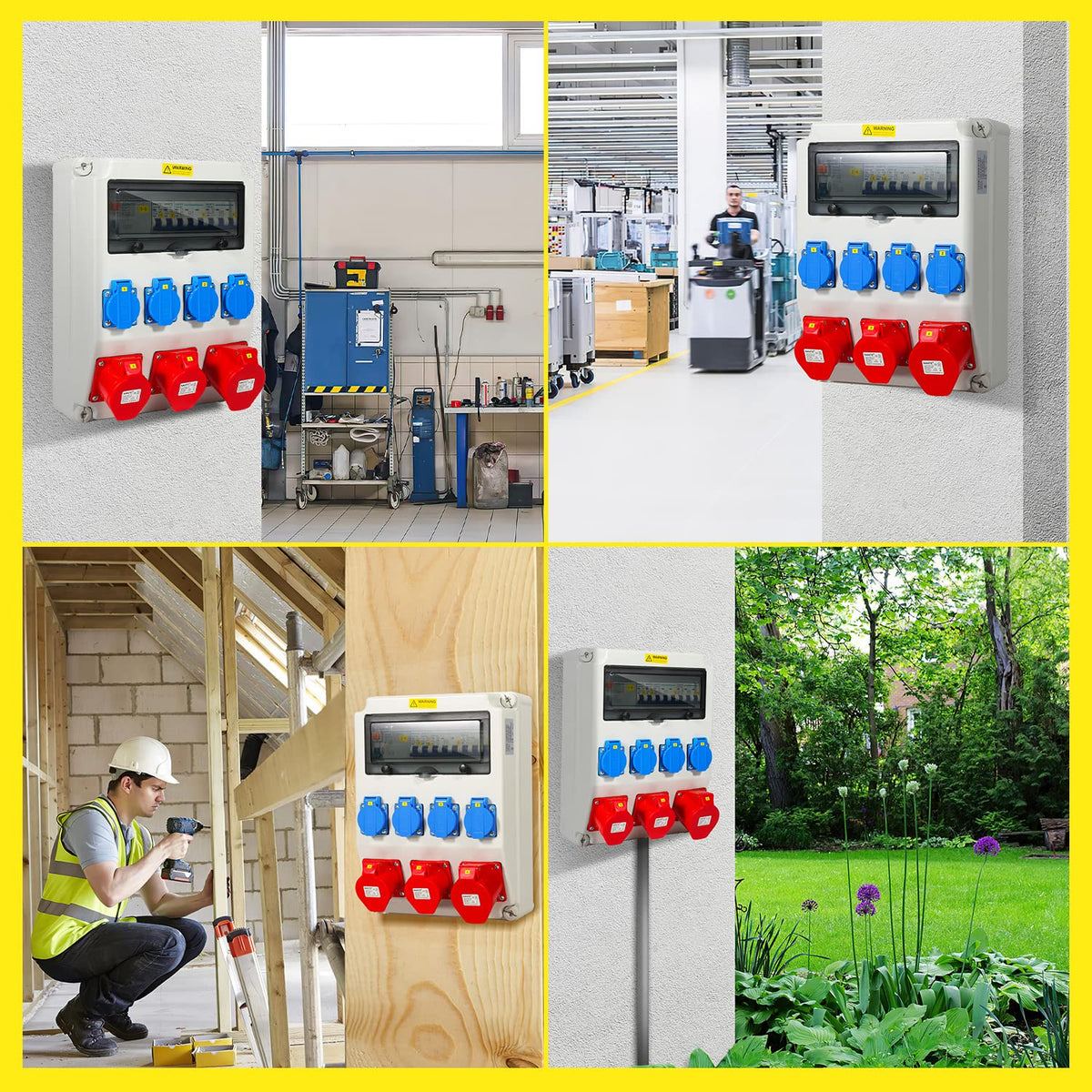 Verdeler voor bouwplaatsen, wandverdeler, 1 x 32 A, 2 x 16 A, 4 x 230 V met LS+FI met veiligheidsschakelaar, wandverdeler met RCCB, CEE stopcontact 16/32 A, voor bouwplaatsen
