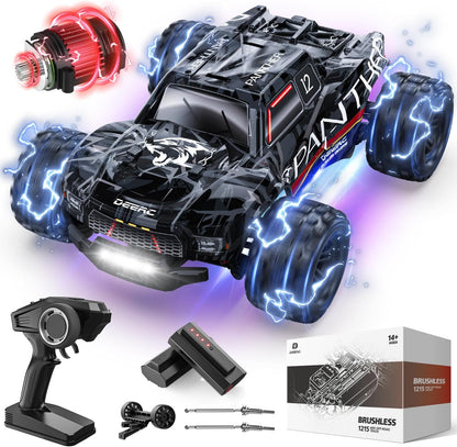 DEERC Op afstand bestuurde auto, 1:14, borstelloze motor, 75 km/u, 4WD RC monstertruck met gekleurd licht, 2 accu's, 2,4 GHz all-terrain raceauto, crawler speelgoed, cadeau voor kinderen