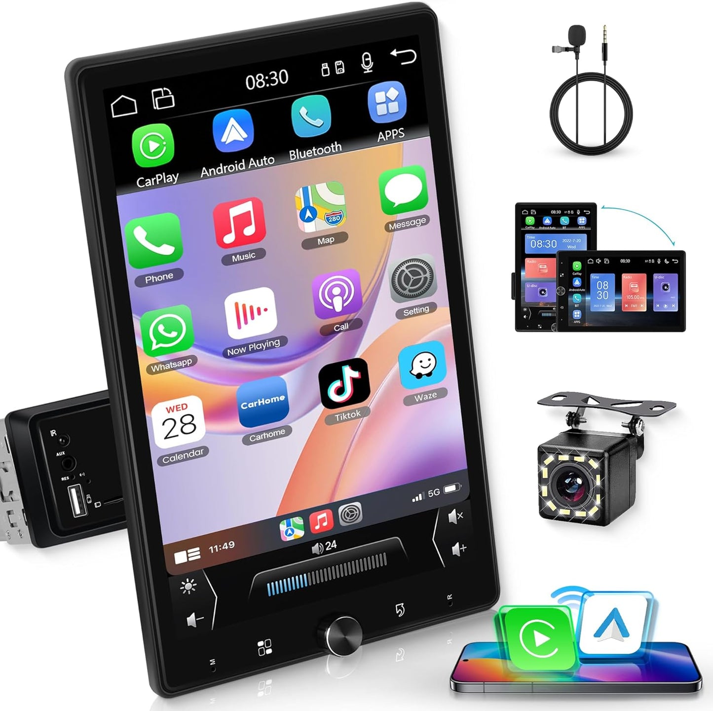 Autoradio 1 Din – Autoradio Draaibaar – Autoradio Touchscreen – Auto Multimedia Speler – Auto Radio Bluetooth – 10,4 Inch Draaibaar Touchscreen – Draadloze CarPlay & Android Auto