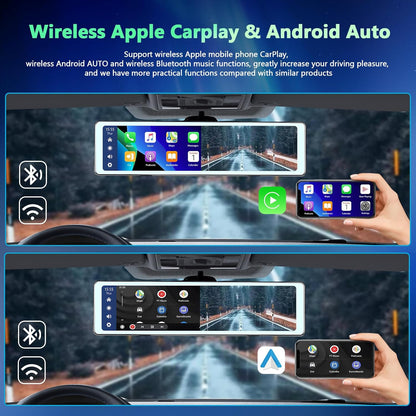 Podofo Draadloze Apple Carplay Android autospiegel, dashcam met HD achteruitrijcamera, 11,26 inch IPS-touchscherm, dual 1080p achteruitkijkspiegel, 2 gedeelde beeldschermen