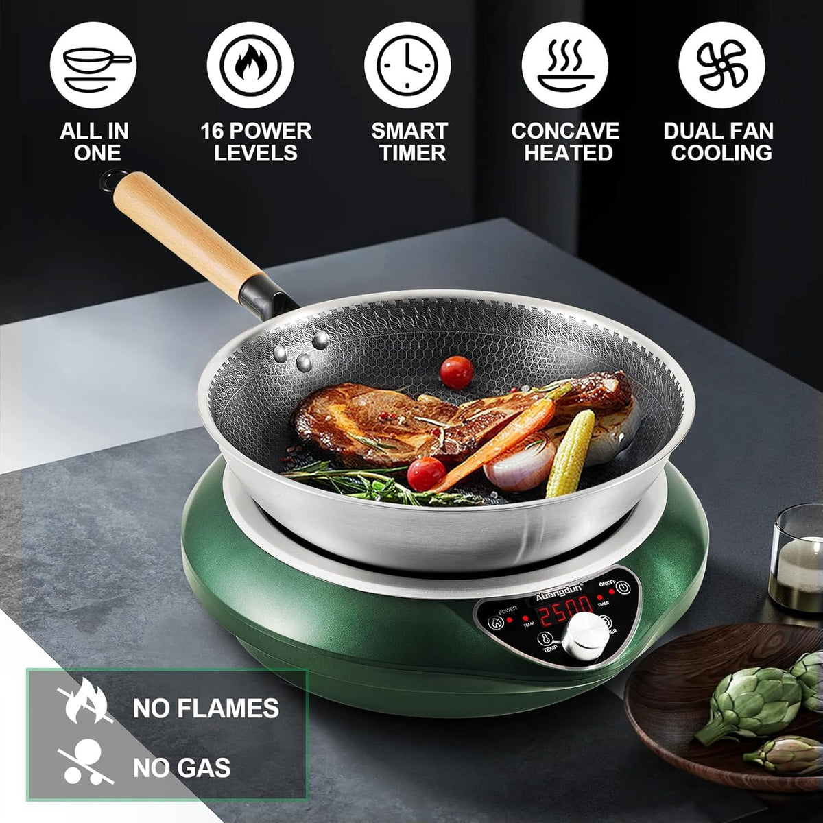 Wok Inductiekookplaat, 2500 W, met wok, 12 warmtestanden, inductie, temperatuurbereik 60-240 °C, led-display, 18-uurs timer, 190-275V - QUORE