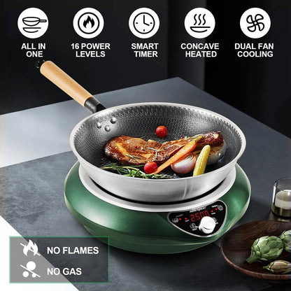 Wok Inductiekookplaat, 2500 W, met wok, 12 warmtestanden, inductie, temperatuurbereik 60-240 °C, led-display, 18-uurs timer, 190-275V - QUORE