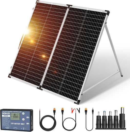 DOKIO Zonnepaneel Draagbaar Opvouwbaar 160W 18V met solar-oplader (2 USB-poorten) voor 12V Batterij, inclusief transporttas, voor camping, camper of boot op zonne-energie