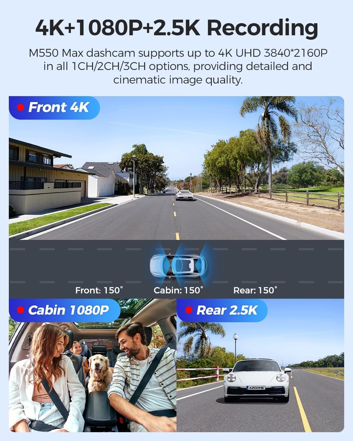 AZDOME 3 lens dashcam 4K+1080P+2.5K auto camera met wifi, GPS, 4K camera voor, super nachtzicht, parkeerbewaking, loopopname, WDR, G-sensor, 3,19 inch IPS-scherm voor Taxiis (M550 MAX)
