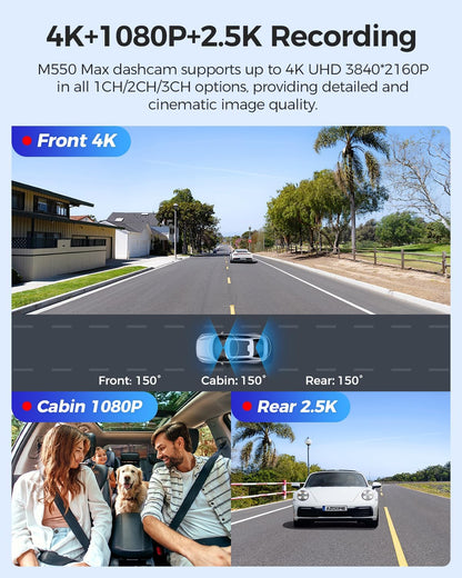 AZDOME 3 lens dashcam 4K+1080P+2.5K auto camera met wifi, GPS, 4K camera voor, super nachtzicht, parkeerbewaking, loopopname, WDR, G-sensor, 3,19 inch IPS-scherm voor Taxiis (M550 MAX)