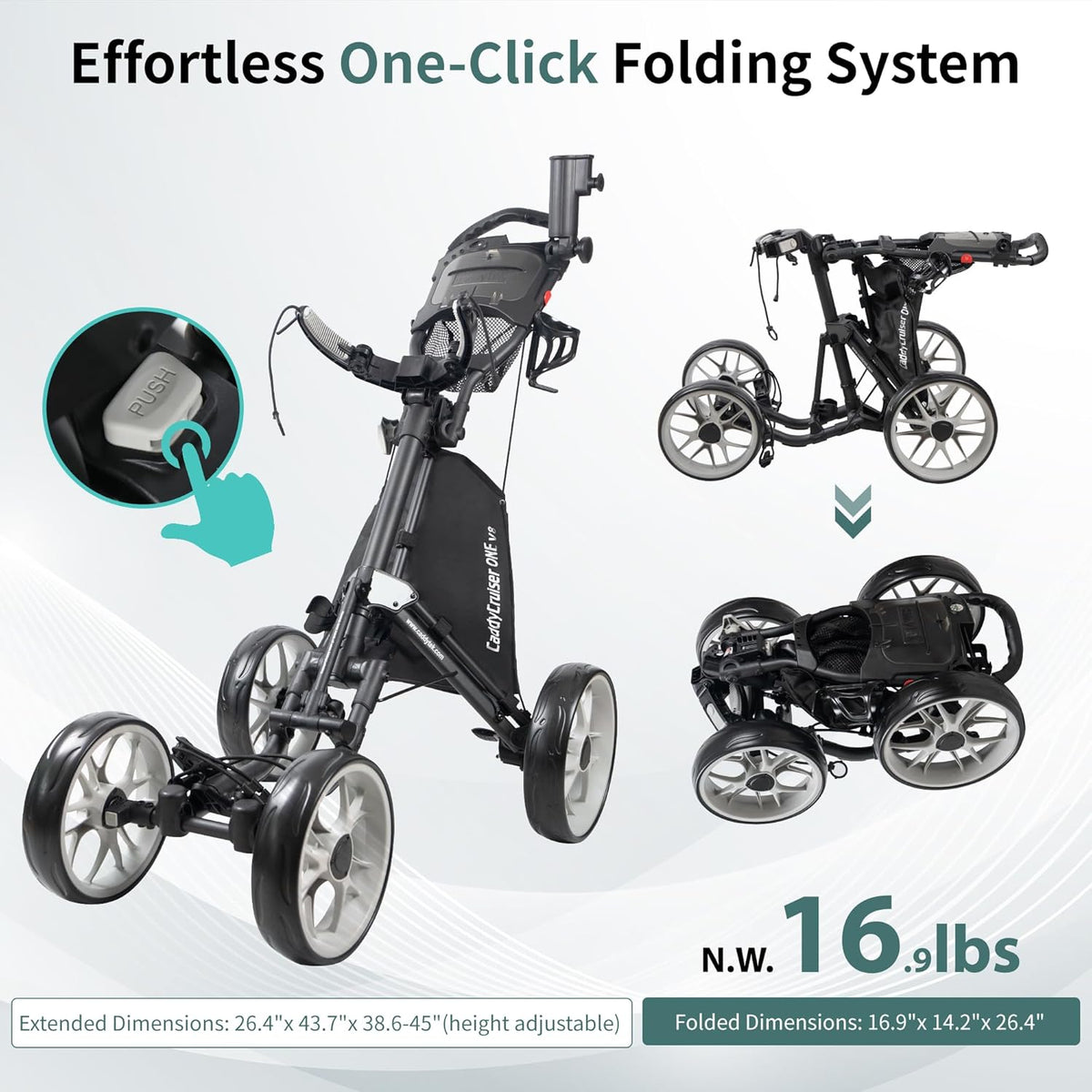 CaddyTek Golfwagen met 4 wielen - Caddycruiser One Version 8 1-Click opvouwbare trolley - lichtgewicht, compacte trekwagen, gemakkelijk te openen