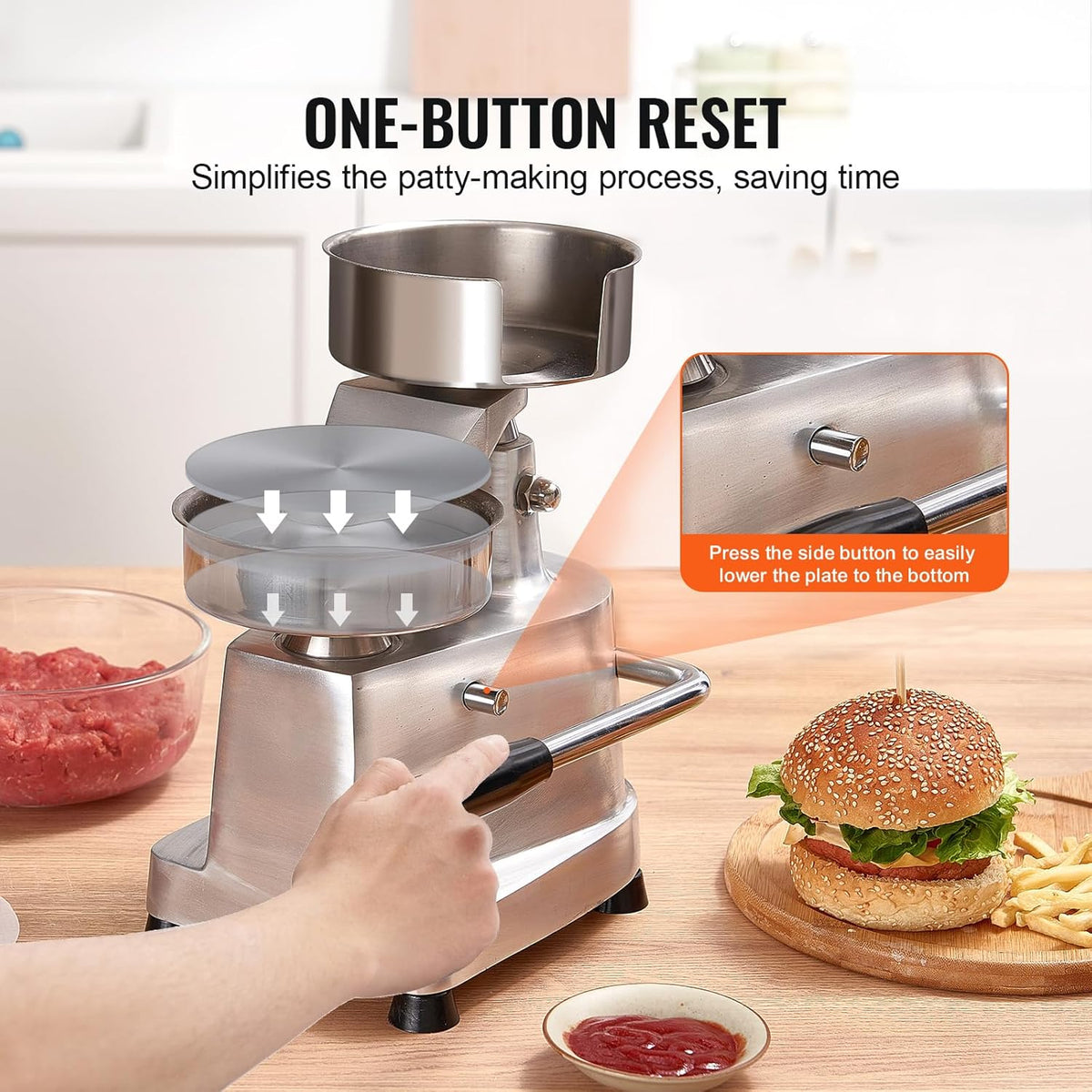 Hamburgerpattymaker – Hamburgerpers – Burgerpers – Hamburgermaker – Vleespers – 130 Mm / 5 Inch – Handmatig Hefboomontwerp, ≥100 Patties Per Uur – SUS304 Rvs Voedselbak
