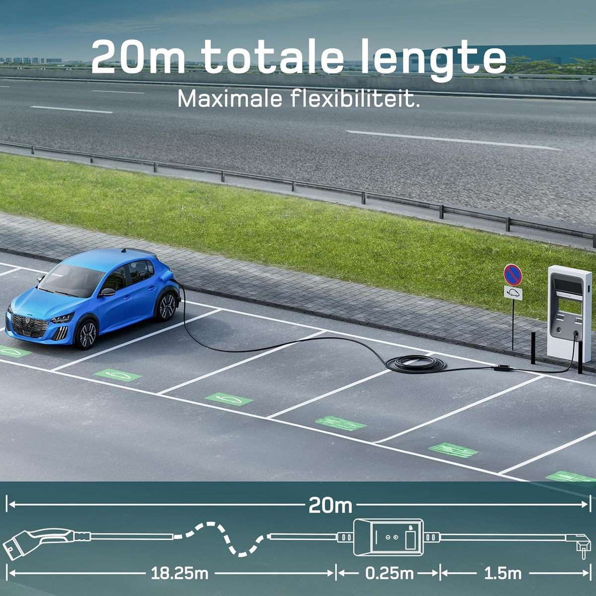 dé EV Charger Type 2 met APP 3,7kW [20m, 1-Fase, 6-16A] Thuislader Type 2 met Digitaal Display, Instelbare Stroom, EV Oplader 3,7kW voor Model Y/3, ID.3/4, EX30, Enyaq en andere EV/PHEV
