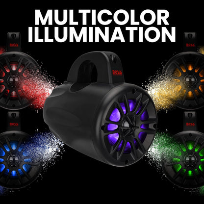 BOSS Audio Systems MRWT40RGB Marine Waketower-luidsprekersysteem - 400 watt vermogen per paar, 200 watt elk, 4 inch, volledig bereik, 2-weg, RGB led-verlichting, maritieme kwaliteit, weerbestendig,