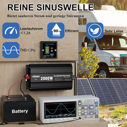 GIANDEL 2000 W omvormer, 12 V naar 230 V, zuivere sinus, auto-spanningsomvormer, compatibel met LifePO4 Power Inverter met afstandsbediening en USB-aansluitingen, voor camper, vrachtwagen, auto,