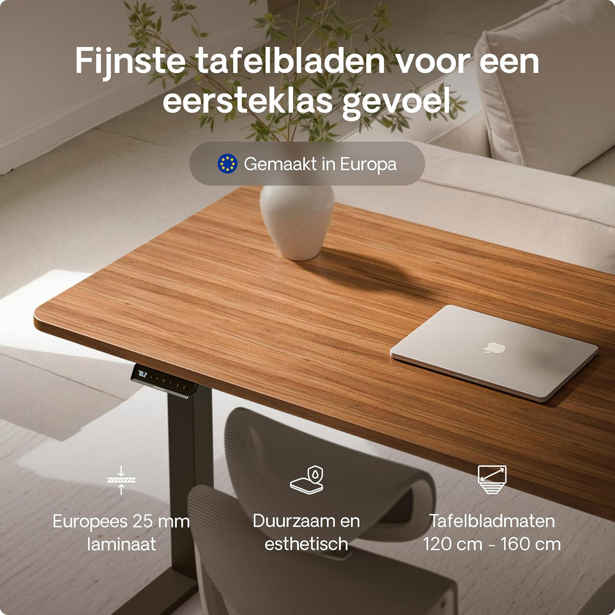 Desktronic Desk HomeOne - Height Adjustable 120 x 60 cm - Fast Twin-Motor Stand Desk - Very Stable Electric Standing Desk - One-Piece Table Top Standing Desk - Touch Screen Control - QUORE