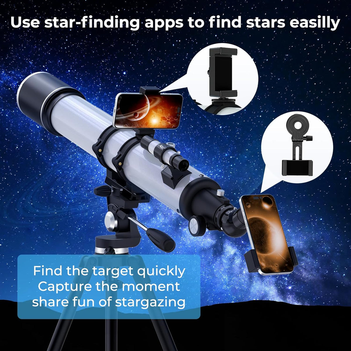 FAMIROSA Telescoop voor volwassenen astronomie, 90 mm diafragma 900 mm refractortelescopen voor kinderen en beginners, vergroting 36X-270X, met telefoonadapter, statief en draagtas (wit)