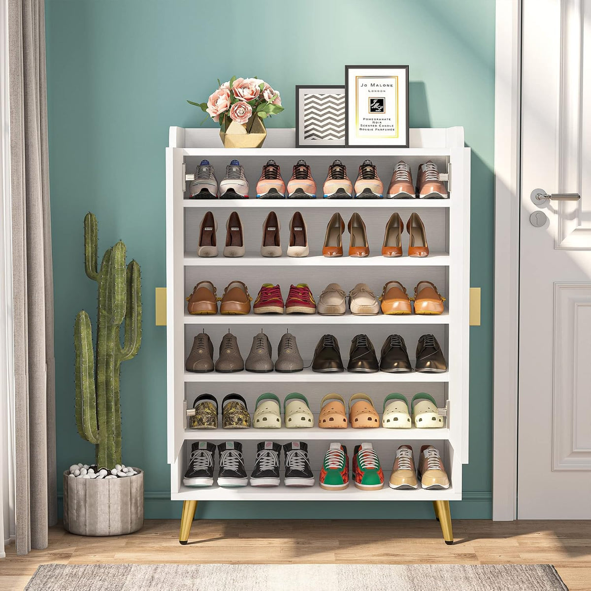 Tribesigns Shoe Cabinet with Doors, 6 Tier Shoe Storage Cabinet with Adjustable Shelves, Wooden Shoe Rack, Shoe Storage for Entrance, Hallway, Closet, Living Room, White and Gold