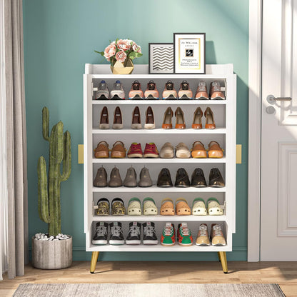 Tribesigns Narrow Shoe Cabinet with 2 Doors, 7 Levels for 25 Pairs, White, 75 x 37 x 110 cm, with Gold Metal Frame, for Entrance, Living Room, Hallway