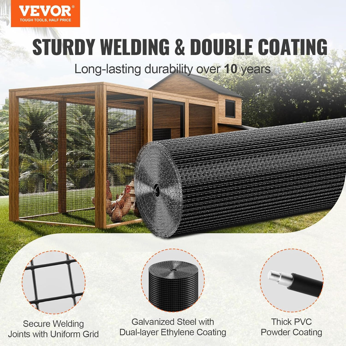 VEVOR Hardwaredoek, 48" x 100' Gegalvaniseerde Wire Mesh Roll, 19 Gauge Kippengaas Omheining Roll, Vinyl Coating Metalen Wire Mesh voor Kippenhok Barrière, Konijn Slang Hekken, Pluimvee Behuizingen