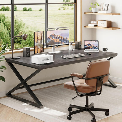 IBF Groot bureau, lange computertafel, industriële kwaliteit, voor thuis, kantoor, bureau voor slaapkamer, hout, metaal, computer, gaming, werkstation, computertafel, donkergrijs eiken