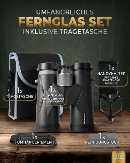 Verrekijker 12 x 42, [testwinnaar] magnesium verrekijker met nitrogeenvulling en waterdicht, voor volwassenen, BAK4 HD Prisma + FMC-lens, ook geschikt voor brildragers (zwart, 12x42)