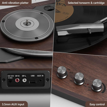 Platenspeler – Draaitafel – Vinylspeler – Retro Platenspeler – Donkerbruin Hout – 2 Externe Luidsprekers Van 15 W – Bluetooth, Aux-In, USB-Weergave En LP-MP3-Opname