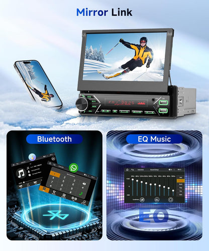 Hodozzy Dab Carplay autoradio, 1 din, draadloos, Android auto, met automatisch display, intrekbaar, 7 inch, autoradio, bluetooth, touchscreen met spiegel/FM/USB/AUX/TF+achteruitrijcamera