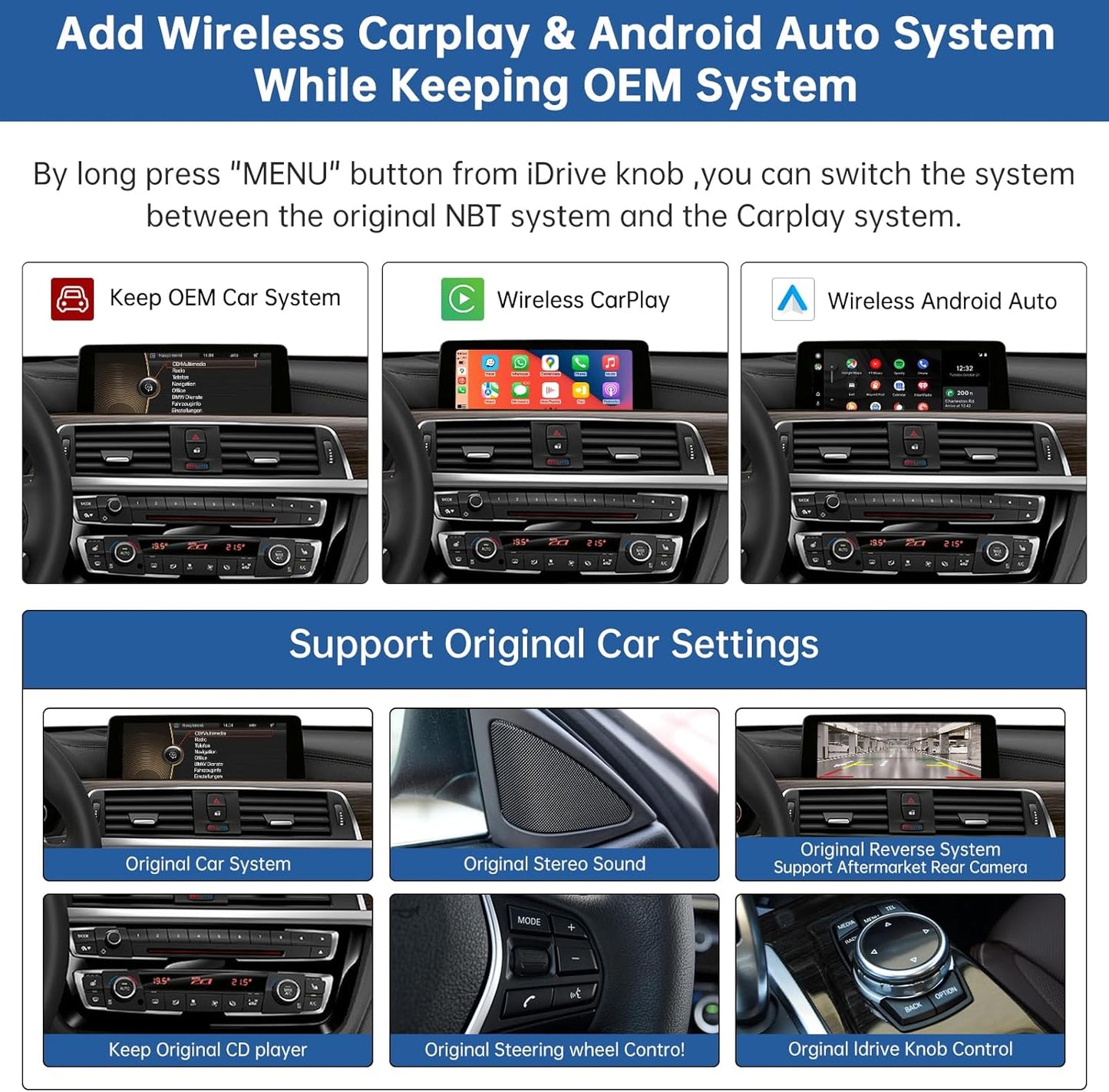 Draadloze CarPlay Android Auto Interface – BMW Multimedia Adapter – Auto Infotainment Module – NBT Systeem Upgrade – Met Elektronische Achteruitrijcamera’s – MirrorLink en Navigatie Ondersteuning