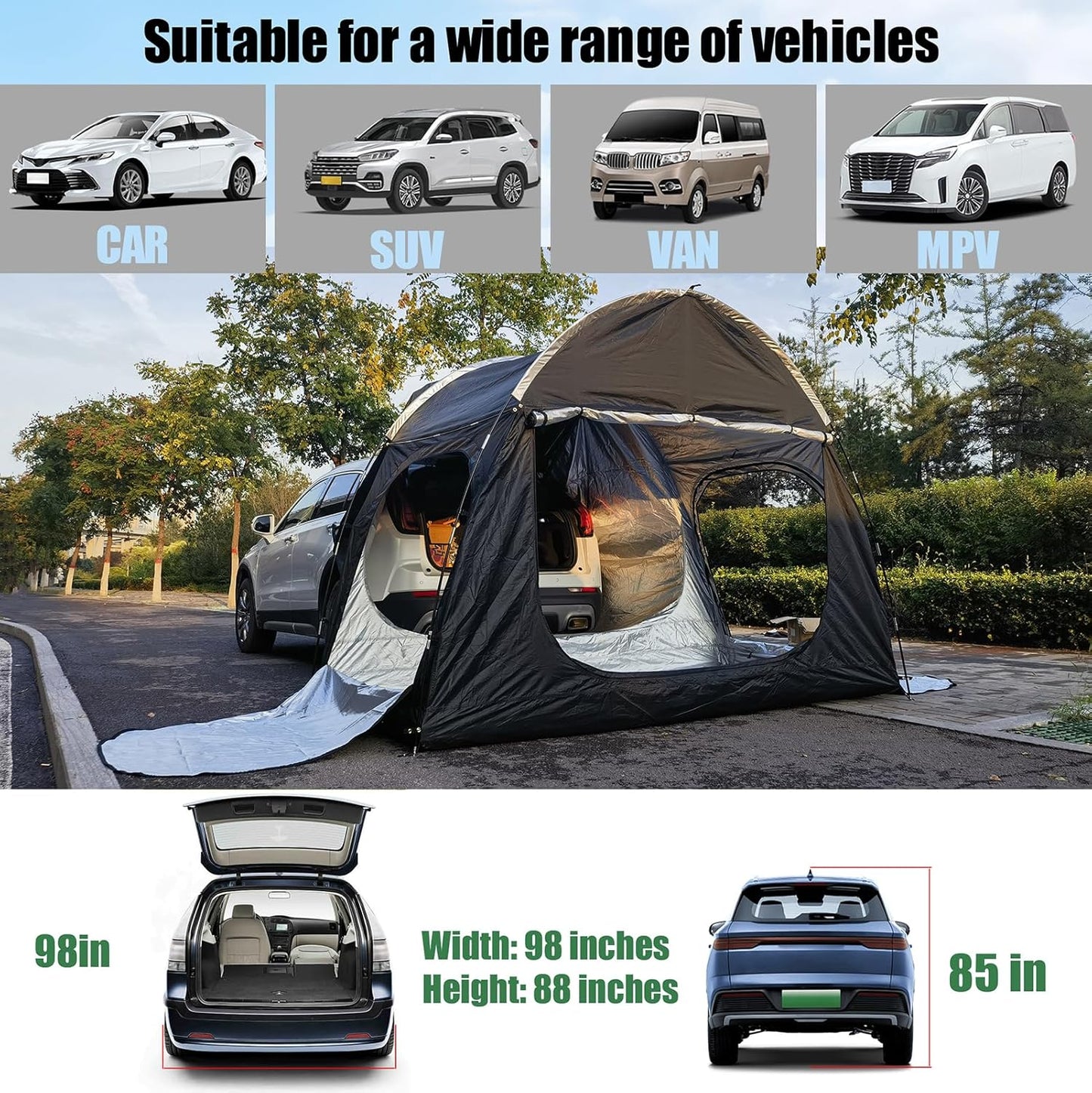 Autoluifeltent, 300 cm x 150 cm x 210 cm, auto achterkleptent is geschikt voor 2-3 personen, auto hatchback tent, waterdichte zonwering