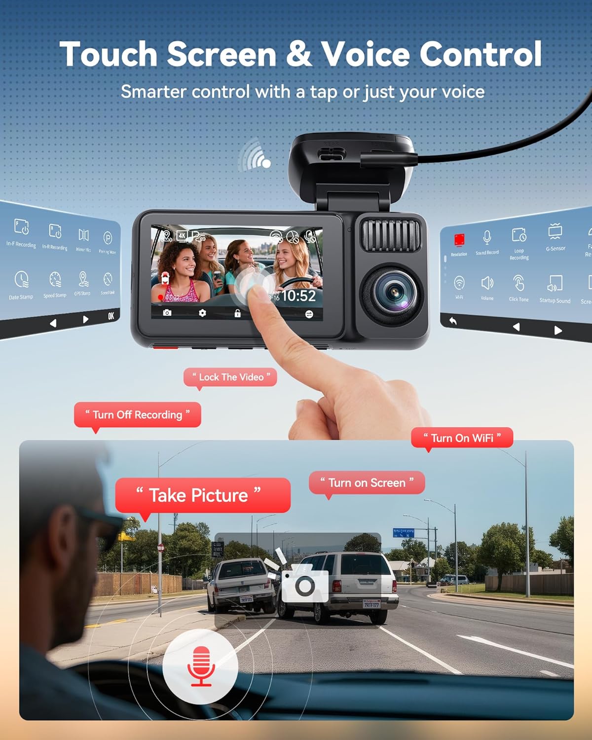 4-Kanaals Dashcam – Autocamera – Rijcamera – Parkeercamera – Autorijcamera – 2.7K Voorcamera – 360° Draaibare Achtercamera