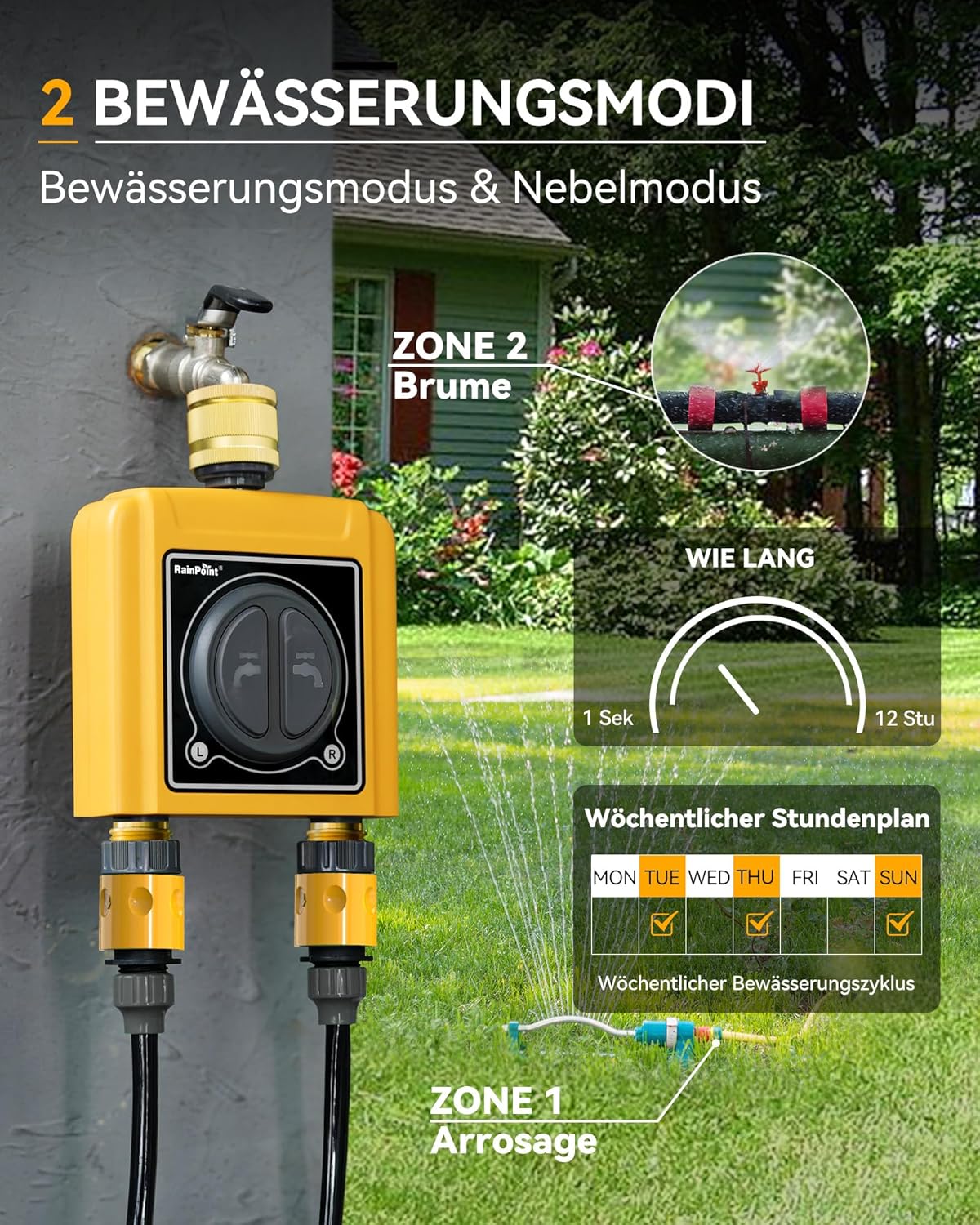RAINPOINT Irrigatiecomputer, wifi, 2 uitgangen met messing inlaatuitlaat, intelligente watertimer voor tuinslang, regenvertraging/handmatig/app-irrigatie