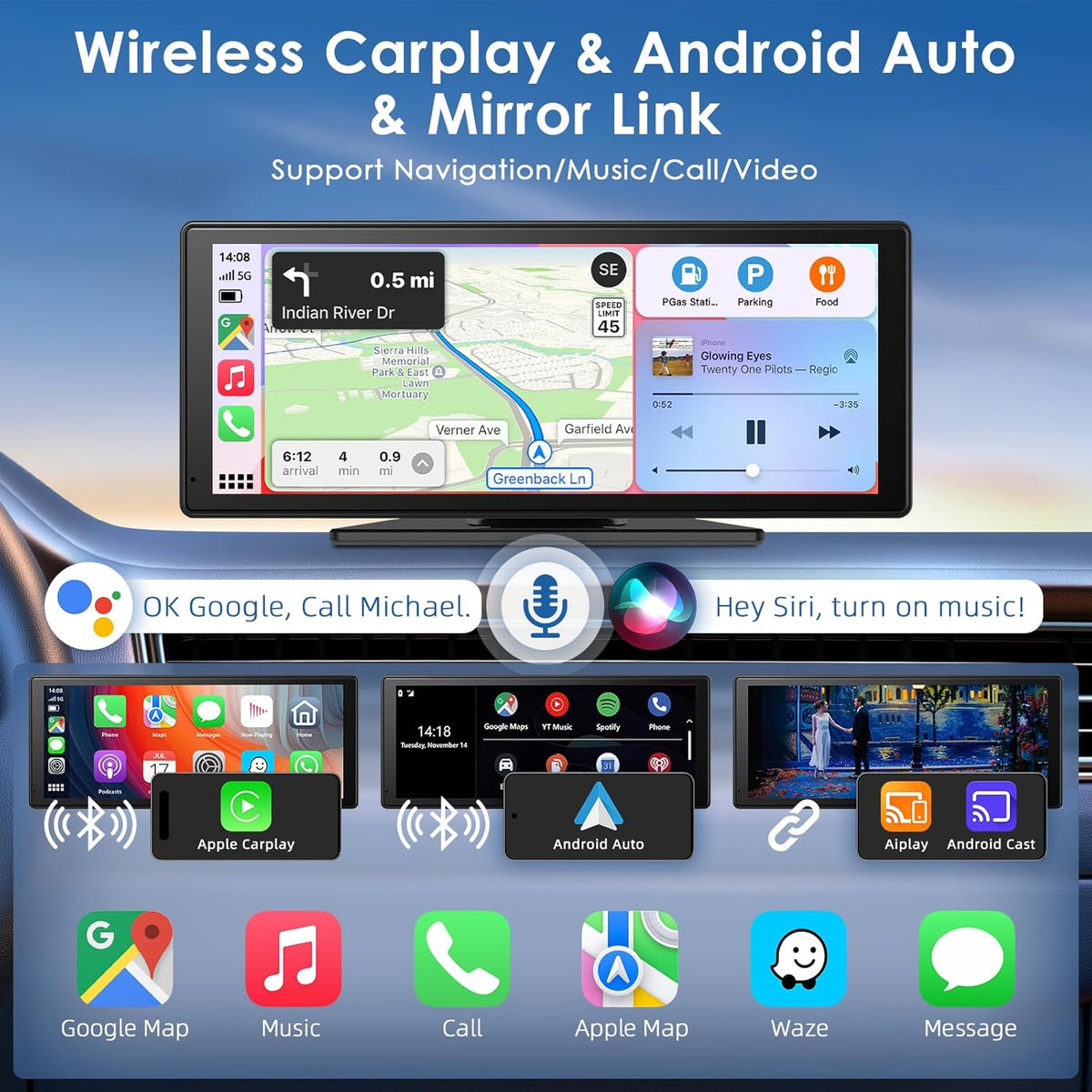 9,26 Inch Wireless Carplay Screen voor Car Play en Android Auto, Draadloze Autoradio met 4K Dashcam/1080P HD Achteruitrijcamera/Bluetooth/FM/AUX/64G TF/Mirror Link/Spraakbesturing/GPS-Navigatie