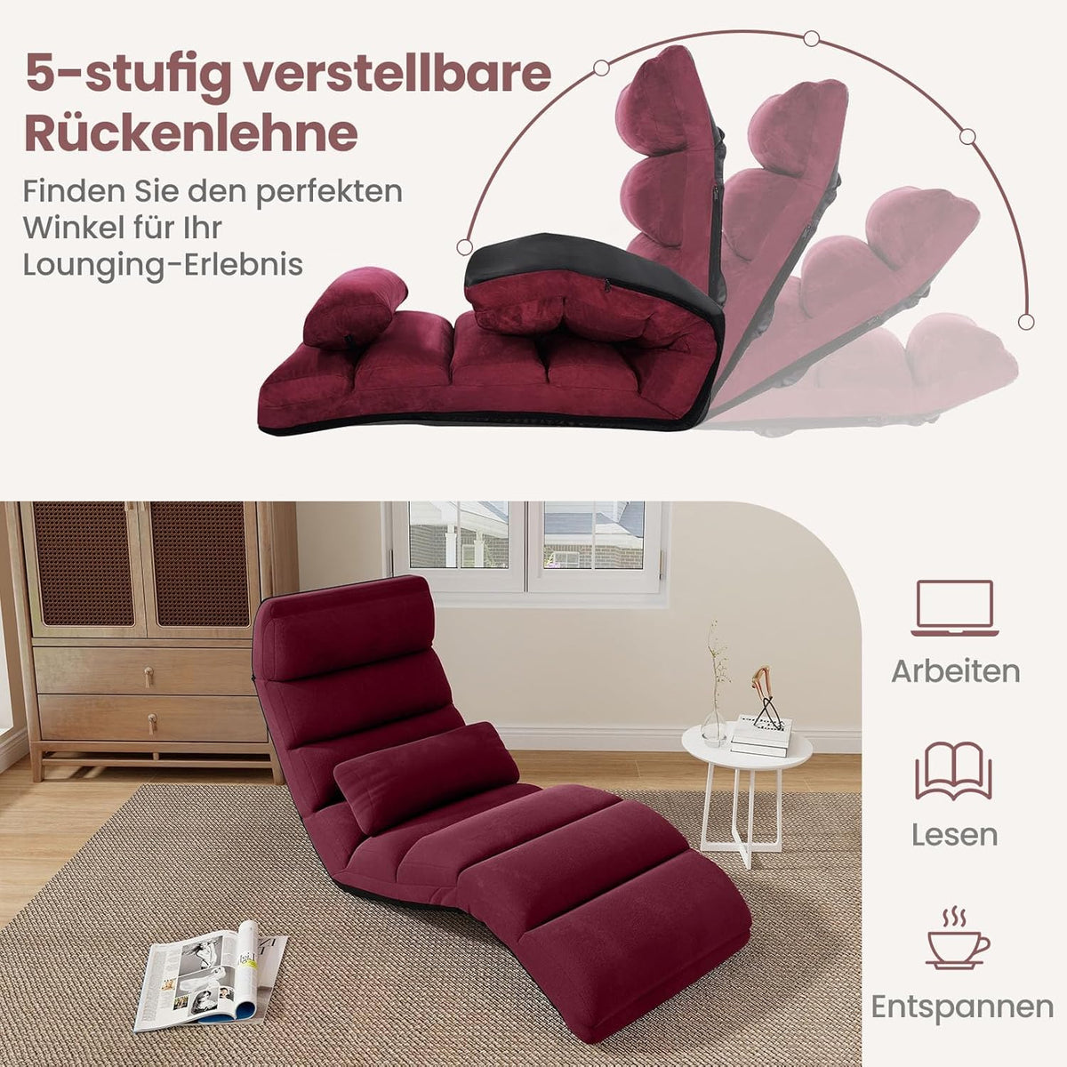 Vloerstoel – Vloerlounger – Grondstoel – Meditatiestoel – Loungestoel – Verstelbare Rugleuning – Kunstleer Rood – 175 x 55 x 20 cm – Inklapbaar & Comfortabel