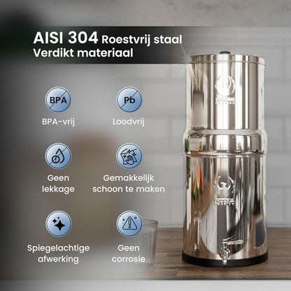 Zwaartekracht Waterfiltersysteem – Waterfilter – Drinkwaterfilter – Waterzuiveraar – Tafelmodel Waterfilter – 6 Liter – 304 Roestvrij Staal – Inclusief 2 Actieve Koolstoffilters