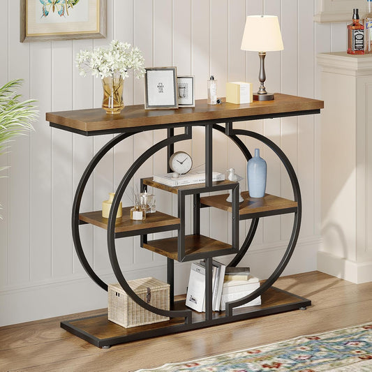Smalle consoletafel voor hal, 4 verdiepingen, rustieke salontafel met rond metalen frame, industriële entreetafel van hout met opbergvakken voor woonkamer en hal