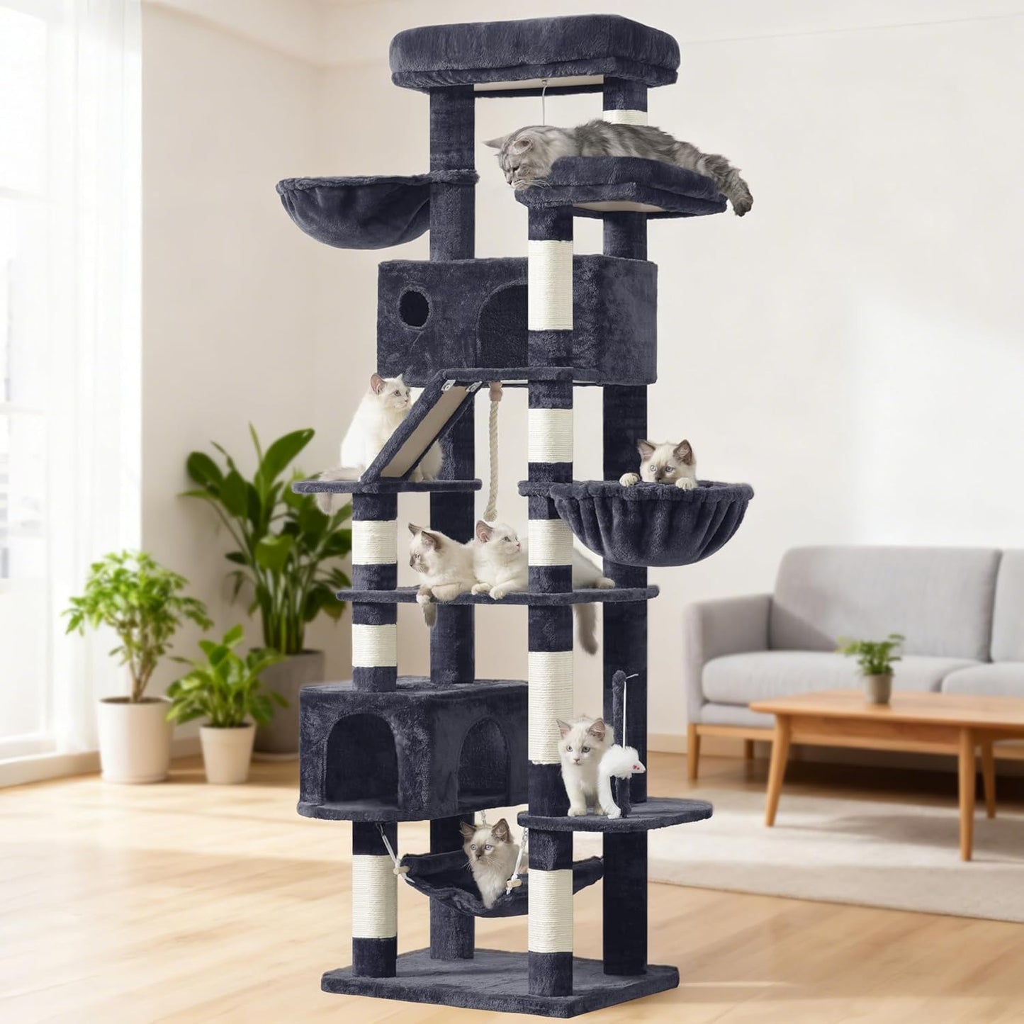 Krabpaal groot, kattenboom, grote katten, stabiel voor binnen, 200 cm, kattenkrabpaal met ruime platforms, kattenholen, hangmat, sisalzuilen, rookgrijs GCT031G