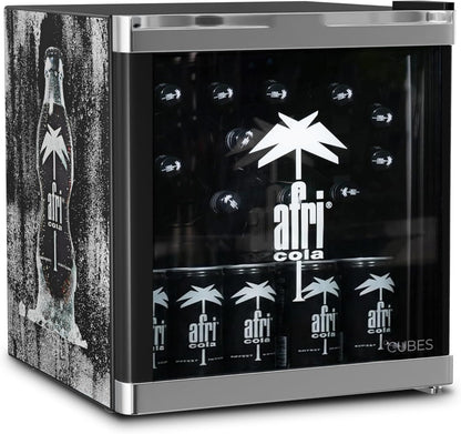 °CUBES Afri Cola Mini Drankkoelkast 48L (zwart) — Compacte flessenkoelkast met glazen deur en verwisselbaar deurscharnier — Stil en energiezuinig — Voor bar, keuken, thuiskantoor — drankkoeler