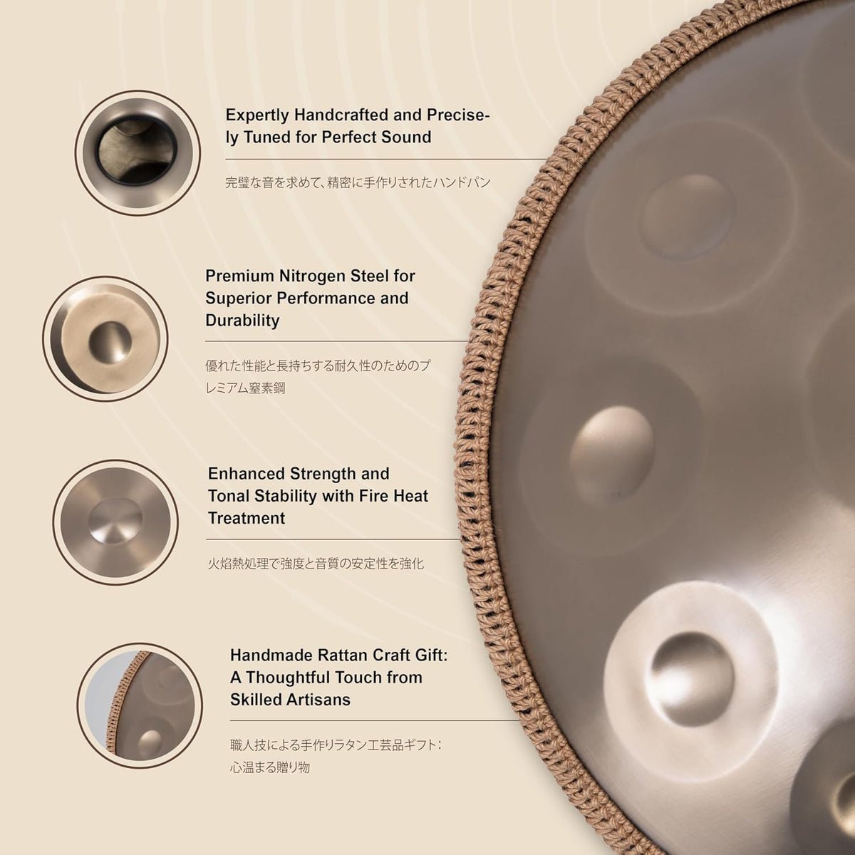Handpan Drum - 22-Inch 10-Note D Kurd 440Hz - Hand Tuning Handpan - Inclusief Soft Bag, Mallets, Standaard, Note Stickers, Reinigingsdoek - Artist Performance Video