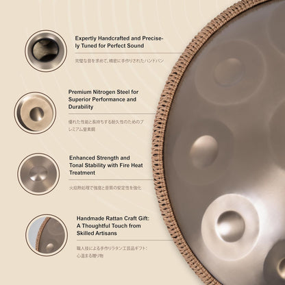 Handpan Drum - 22-Inch 9-Note D Kurd 440Hz - Hand Tuning Handpan - Inclusief Soft Bag, Mallets, Standaard, Note Stickers, Reinigingsdoek - Artist Performance Video