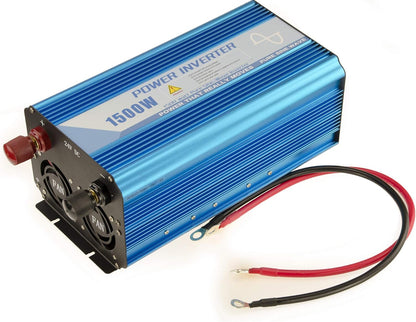 Kalea- Que. 1500 W sinus omvormer. Ingangsspanningsbereik 24 V, uitgangsspanning 220-240 V. Continu uitgangsvermogen 1500 W, piekuitgangsvermogen 3000 W.