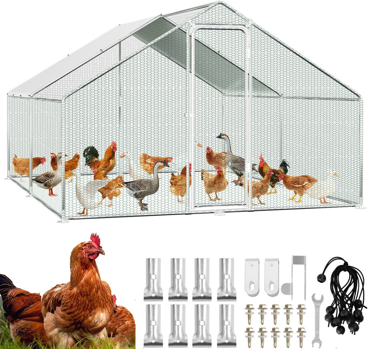 Buitenren Kip – Kippenren – Hennenren – Konijnenren – Dierenren – 3x3x2 Meter – Verzinkt Stalen Frame – Waterdicht Puntdak