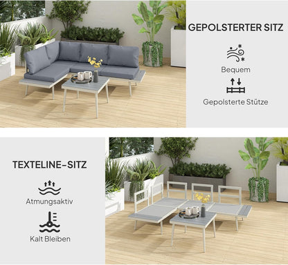 Outsunny Gartenmöbel Set 4 Persons wetterfest Balkonmöbel-Set mit 2er Sofa, Kissen Beistelltisch Stahl Outdoor Sitzgruppe Terrassenmöbel Gartengarnitur Gartenlounge für Garten Terrasse Grau
