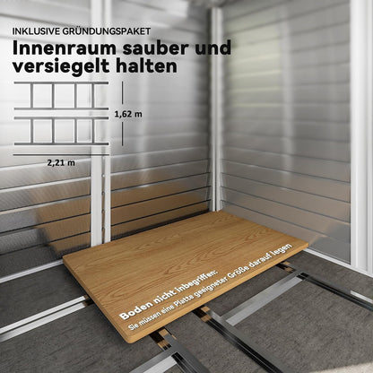 Outsunny Garden Shed 4.4 m2, Garden Shed with Saddle Roof, Sliding Door, Foundation, Easy Assembly, 240 x 206 x 198 cm, Garden Shed Made of Galvanized Steel, Weatherproof, for Garden, Dark Grey - QUORE