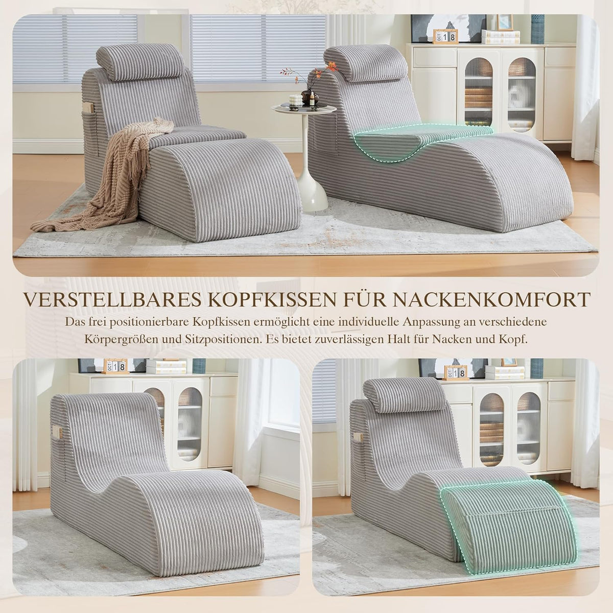 Relaxstoel – Vrijetijdsstoel – Fauteuil – Loungestoel – Leesstoel – Ergonomisch Gecomprimeerd Schuim – Afneembaar Kussen Met Zijvak – Corduroy Lichtgrijs 160x66x90 cm