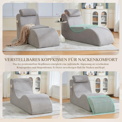 Relaxstoel – Vrijetijdsstoel – Fauteuil – Loungestoel – Leesstoel – Ergonomisch Gecomprimeerd Schuim – Afneembaar Kussen Met Zijvak – Corduroy Lichtgrijs 160x66x90 cm