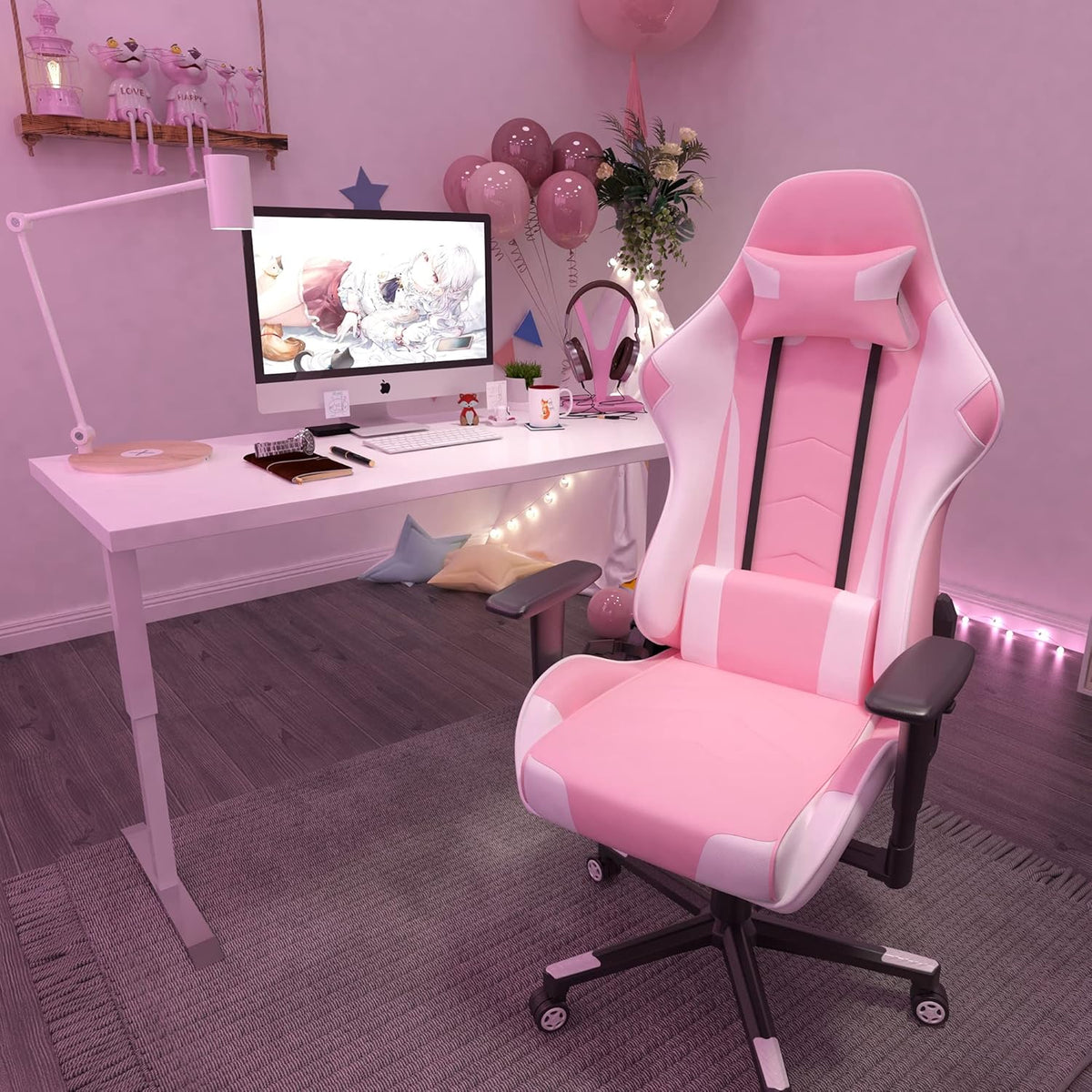 IntimaTe WM Heart D1001001B21 Gamingstoel, ergonomische racestoel, verstelbare pc-gamingstoel met hoge rugleuning met armen en rugsteun, liggende bureaustoelen (roze),50 * 55 * 131 cm