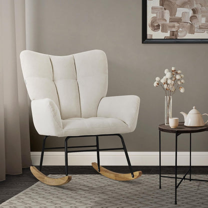 ML-Design Rocking Chair with Terry Cloth Upholstery, Upholstered Armchair with Wooden Sleds and Armrests for Living Room/Bedroom/Balcony, Beige Recliner with Wings