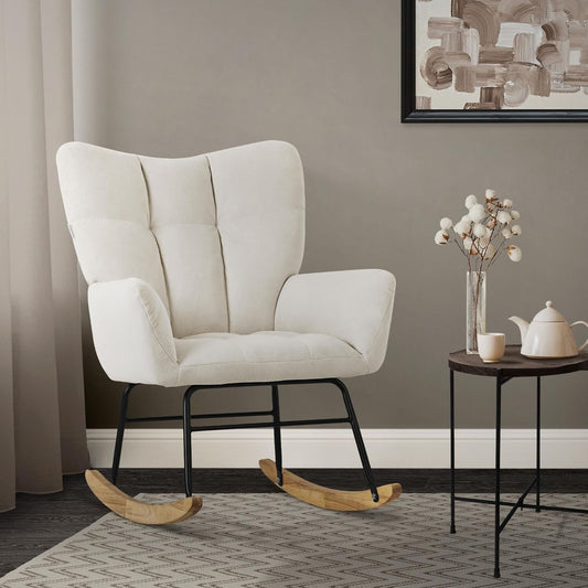 ML-Design Rocking Chair with Terry Cloth Upholstery, Upholstered Armchair with Wooden Sleds and Armrests for Living Room/Bedroom/Balcony, Beige Recliner with Wings