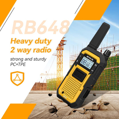 Retevis RB648 Walkie Talkie, IP67 Waterdichte Tweewegradio, Dubbele PTT, SOS-Vibratie, 2000mAh, Heavy-Duty Walkie-Talkie met Oortelefoon voor Bouwplaatsaannemers (4 Stuks, Geel)