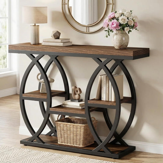 Console Tafel – Sidetable – Haltafel – Smalle Tafel – Sofa Tafel – Industrieel Design – 4 Opbergplanken – 100 x 30 cm Compact - QUORE