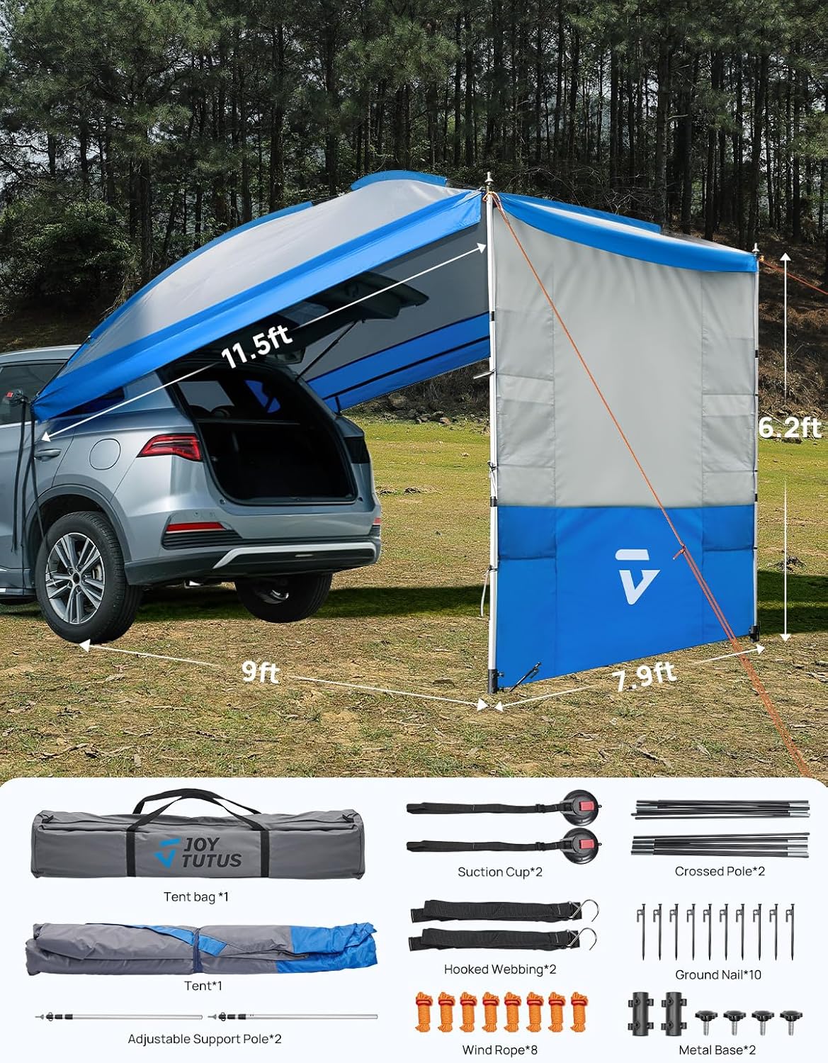 JOYTUTUS Auto SUV achterkleptent, universele waterdichte achtertent, campingtent met muggennet, achterklep, luifel, zonwering voor trekking, camping, outdoor, hiking