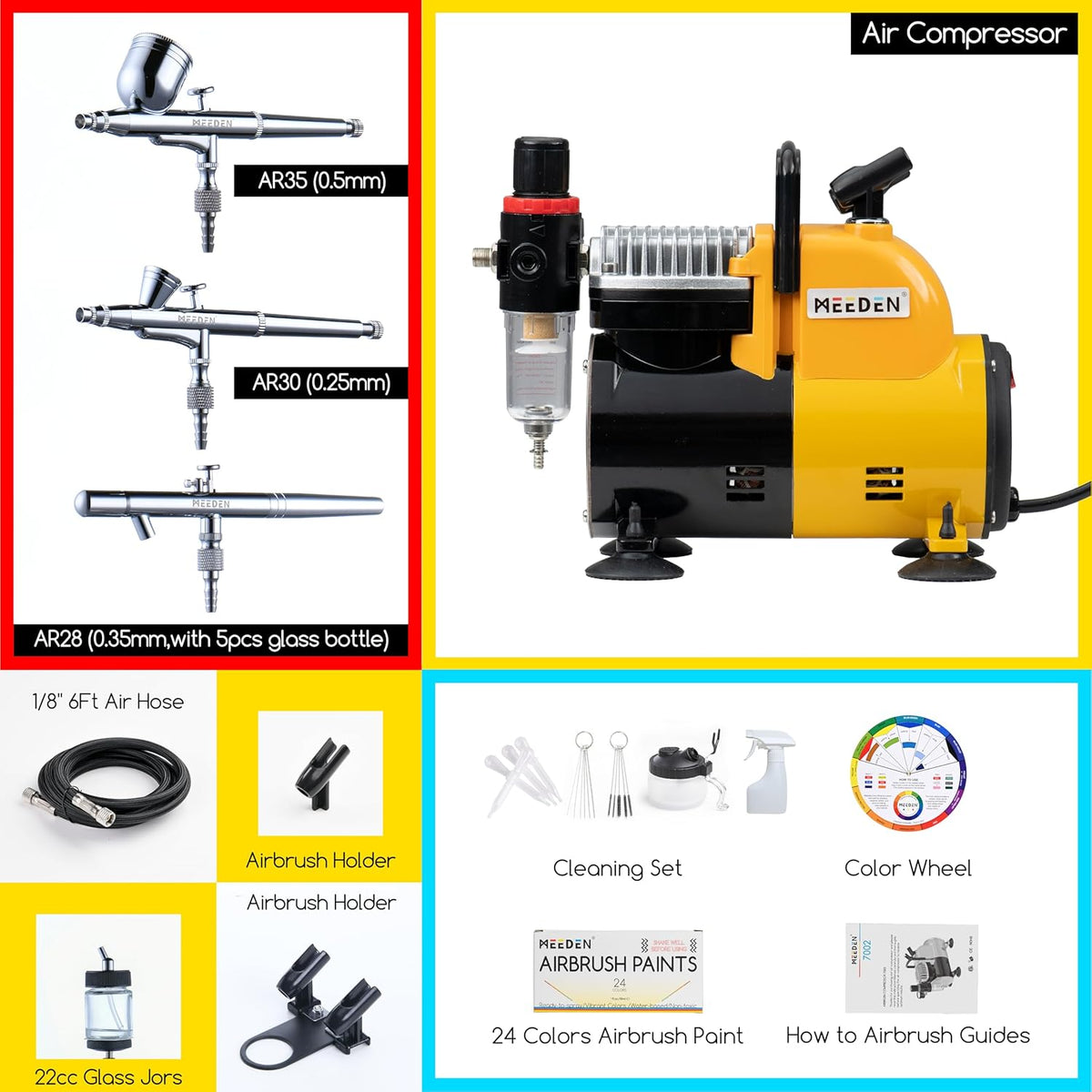 MEEDEN Airbrush Kit met Compressor - 1/5 HP Quite Air Compressor met 3 Dual-Action Air brush Guns, 24 Kleuren x 30ml Airbrush Paint Set voor Modelschilderij