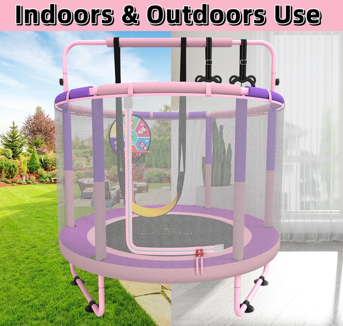 Children's Trampoline, Children's Trampoline for Outdoor, Indoor and Outdoor Use Available Trampoline with Safety Net, Basket, Rod, Swing, Gift for Children - QUORE