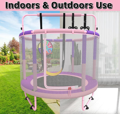 Children's Trampoline, Children's Trampoline for Outdoor, Indoor and Outdoor Use Available Trampoline with Safety Net, Basket, Rod, Swing, Gift for Children - QUORE